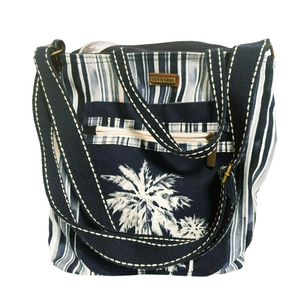 Sun N Sand Paul Brent Canvas Crossbody Tote Bag Navy Blue 3 Palm Trees